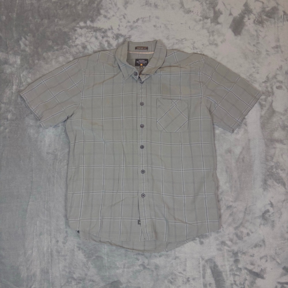 Quiksilver Waterman Shirt Mens Medium Green Grey Plaid Short Sleeve Comfort Fit